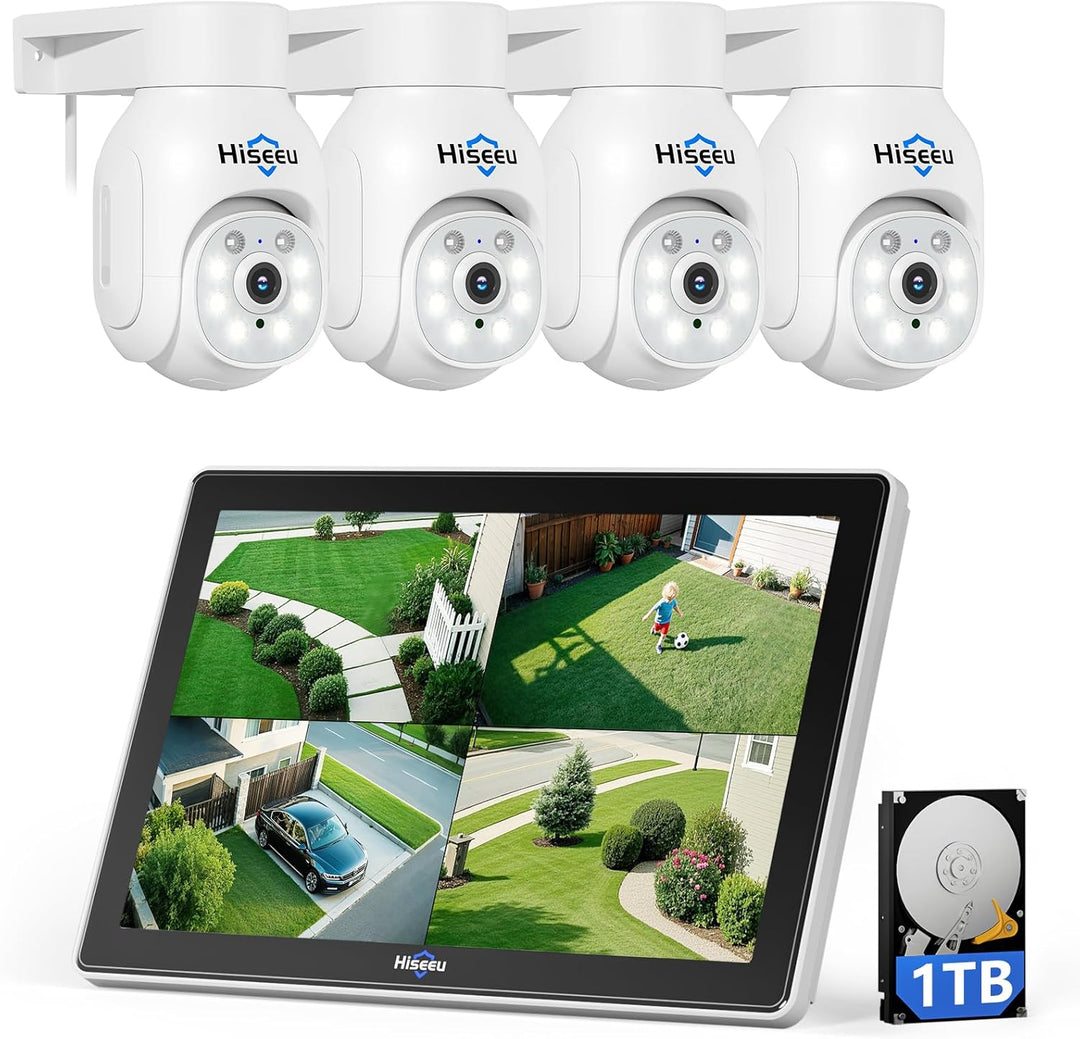 【5MP+PTZ】 Hiseeu Überwachungskamera Set Aussen WLAN mit 10''Monitor 10CH Wireless NVR,4 Pcs 5MP PTZ