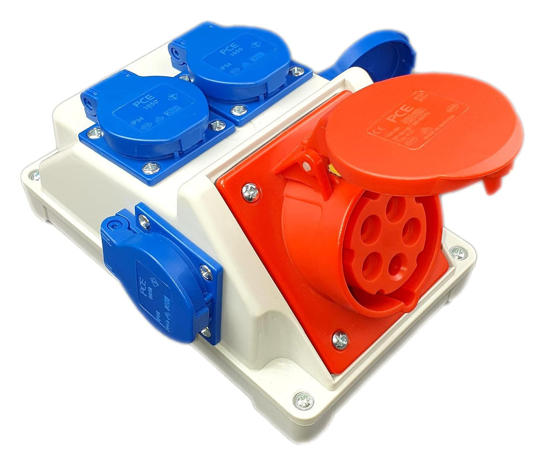 RoadEu Kombi Wandsteckdose 16A 5P mit 4x 230V Schuko. CEE Steckdose 16A. Starkstrom Steckdose IP44 f