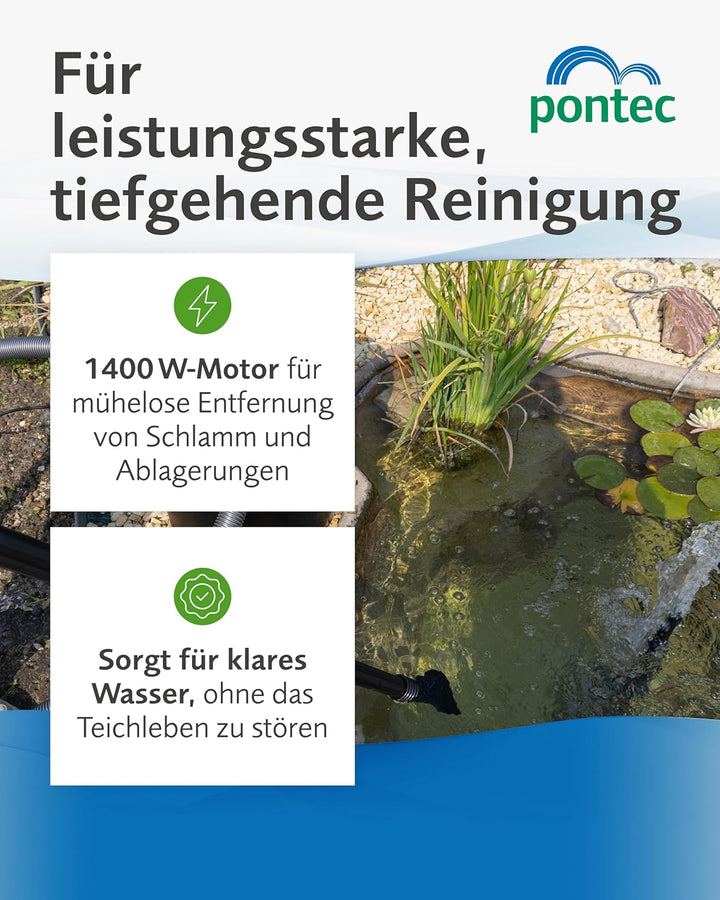 Pontec 50754 PondoMatic 1400 W, 3000 l/h - Teichschlamm-Sauger zur einfachen und effektiven Säuberun