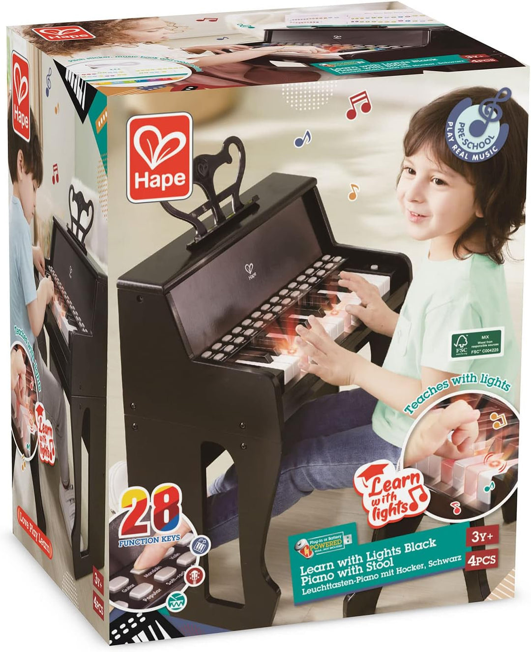 Hape Leuchttasten-Piano mit Hocker und Notenhalter, Musikspielzeug aus Holz, ab 3 Jahren, Schwarz