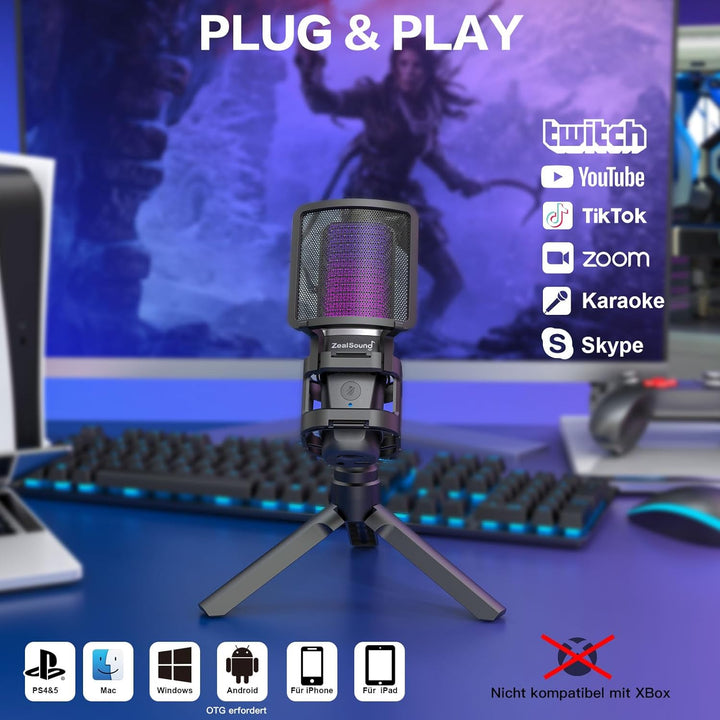 zealsound Gaming USB Mikrofon PC, für Streaming Podcast Studio, für PS4 PS5 Mac Handy, mit Typ-C Ada