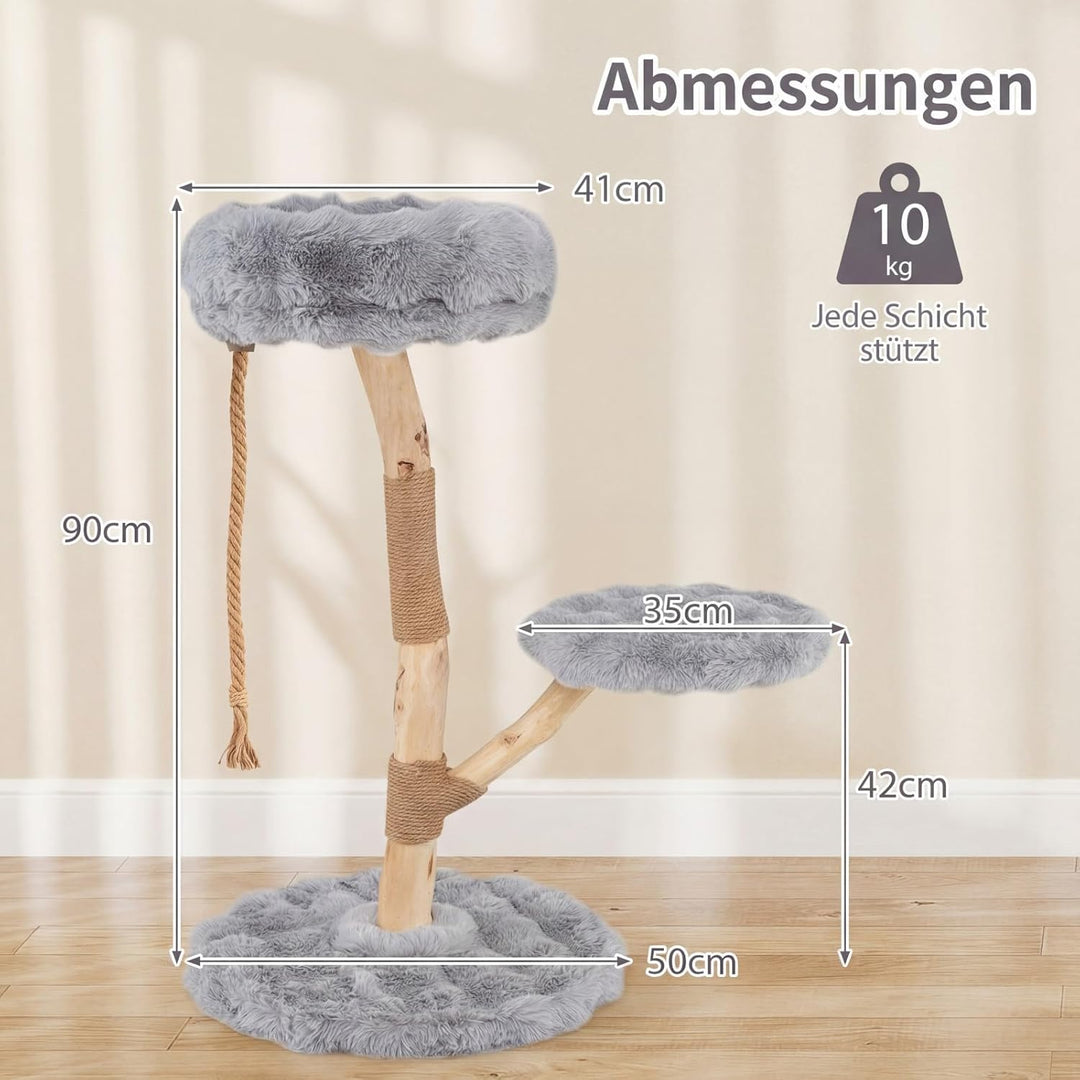 COSTWAY 90 cm Kratzbaum Holz, Katzenbaum mit 3 Plüschsitzflächen, Seil & Kratzpfosten aus Jute, Katz