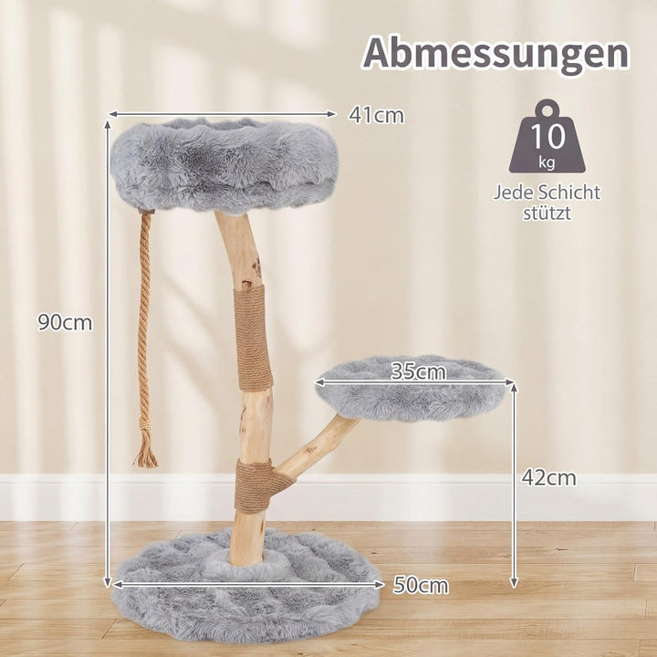 COSTWAY 90 cm Kratzbaum Holz, Katzenbaum mit 3 Plüschsitzflächen, Seil & Kratzpfosten aus Jute, Katz
