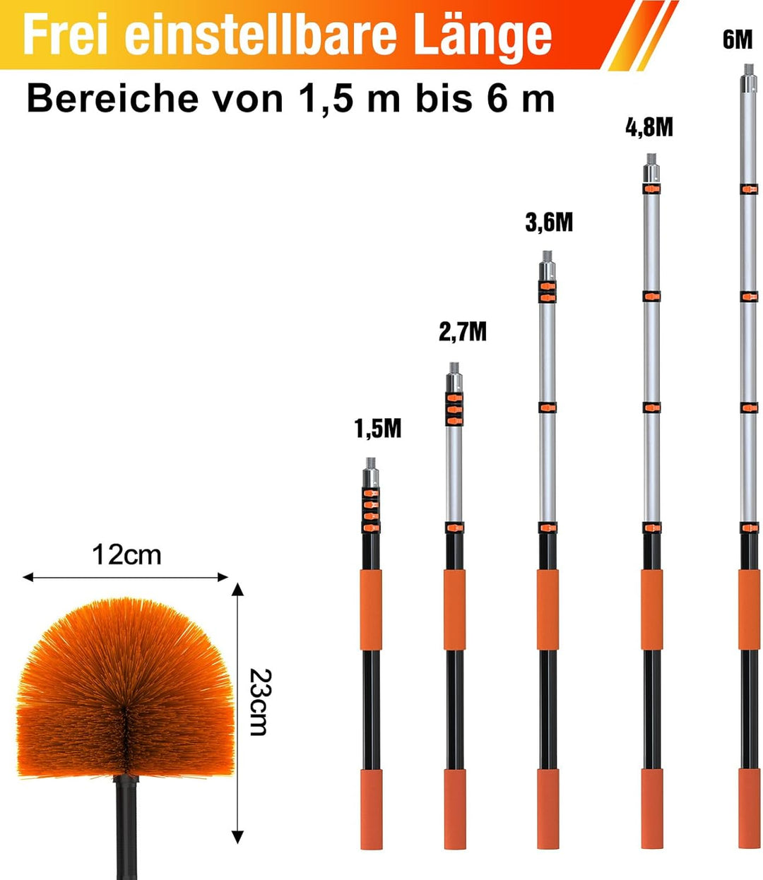 6m Staubwedel Teleskop Waschbar, Spinnenwebenentferner zum Reinigen, Spinnwebenbesen mit Teleskopsti