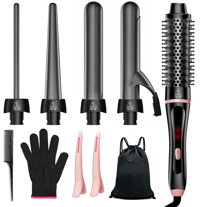 5 in 1 Lockenstab, Schnellaufheizende Thermischer Bürste mit 4 austauschbaren Keramik Barrels (0,35"