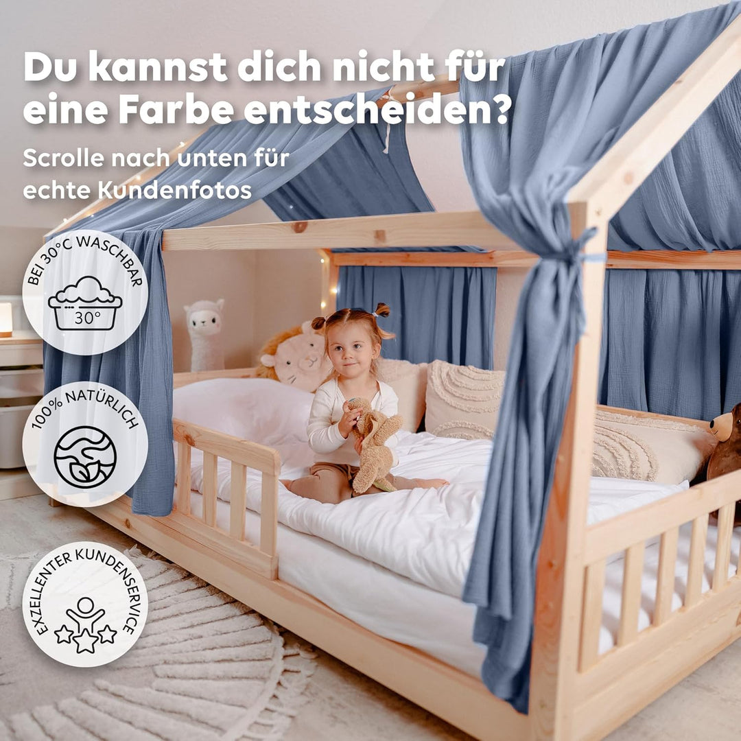 Hausbett Himmel [in 12 Farben] Betthimmel Hausbett aus 100% Baumwolle Musselin - Stoffhimmel für Hau