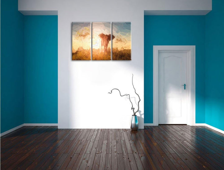 Pixxprint Elefant in der Wüste als Leinwandbild/Grösse: 3 Teilig (120x80 cm) cm/Wandbild/Kunstdruck/