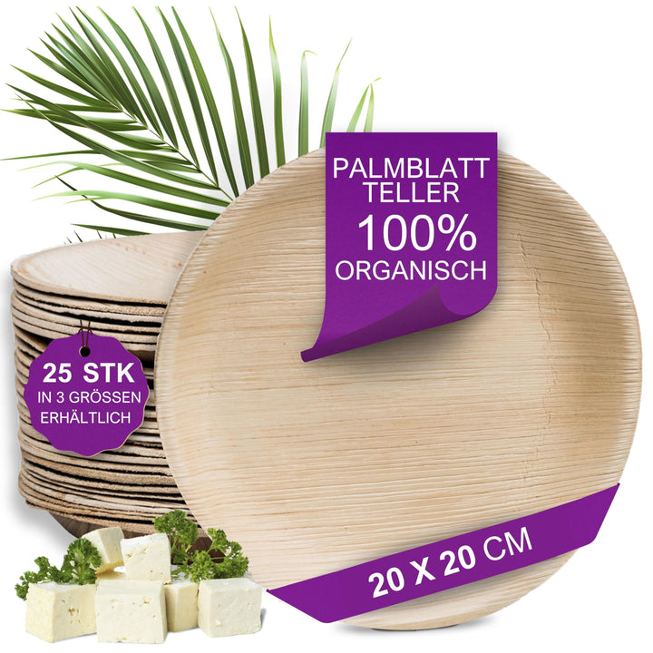 Waipur Bio Palmblatt Geschirr - 25 Teller rund Ø 20 cm - Premium Einmalteller kompostierbar- Umweltf