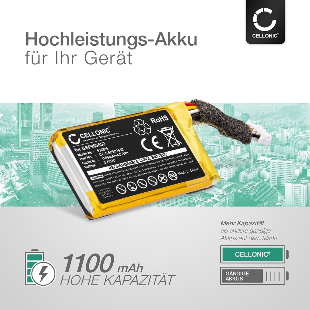CELLONIC, Lautsprecherakku kompatibel mit JBL Clip 4 (1100mAh, 3.7V) Ersatzakku GSP903052