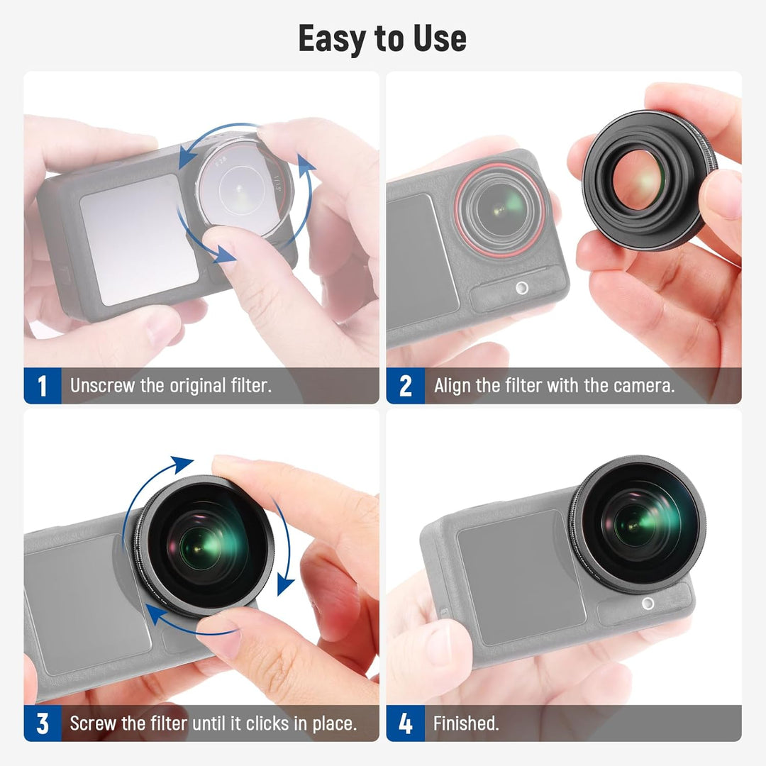 NEEWER 4 in 1 ND Filter und Objektiv Zubehör Set kompatibel mit DJI Osmo Action 5 Pro/4, Variabler N