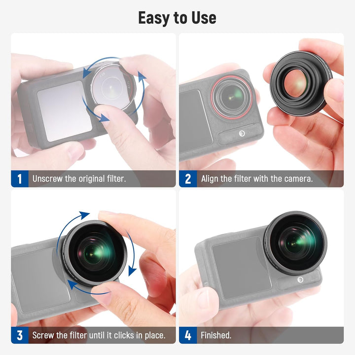 NEEWER 4 in 1 ND Filter und Objektiv Zubehör Set kompatibel mit DJI Osmo Action 5 Pro/4, Variabler N
