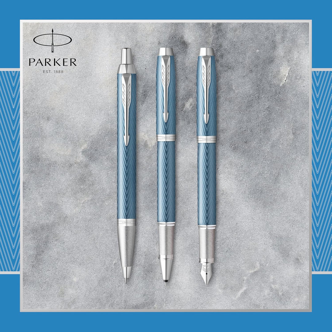 Parker IM Füller | Blaugraue Premium-Lackierung mit Chromverzierung | Füllfederhalter mit feiner Fed
