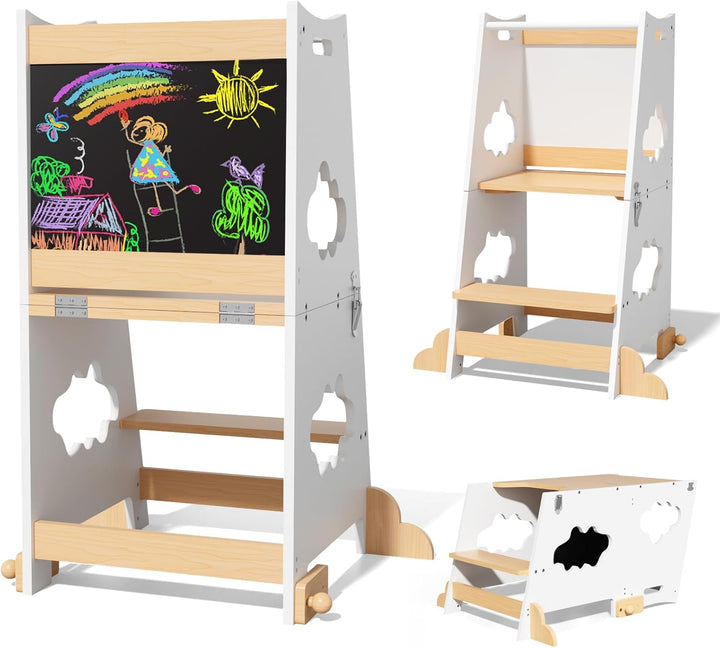KIDINIX Lernturm ab 1 Jahr, 3 in 1 Montessori Learning Tower mit Sicherheitsgeländer und Tafel, Klap