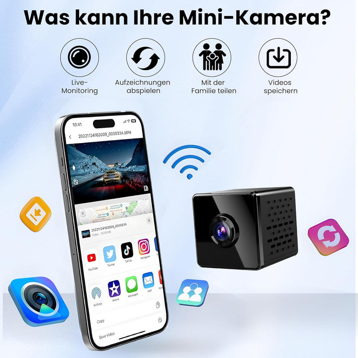 javiscam Mini Kamera inklusive Eurostecker,4K WiFi Überwachungskamera Innen Akku mit Nachtsicht, Kam