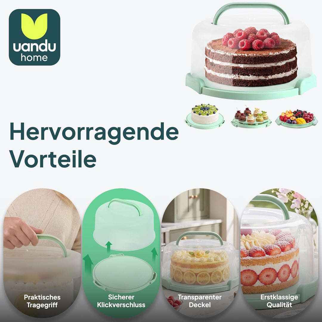 uandu Kuchen Transportbox rund, Tortentransportbox mit Deckel, Haube und Griff. Aufbewahrungsbox, Ku