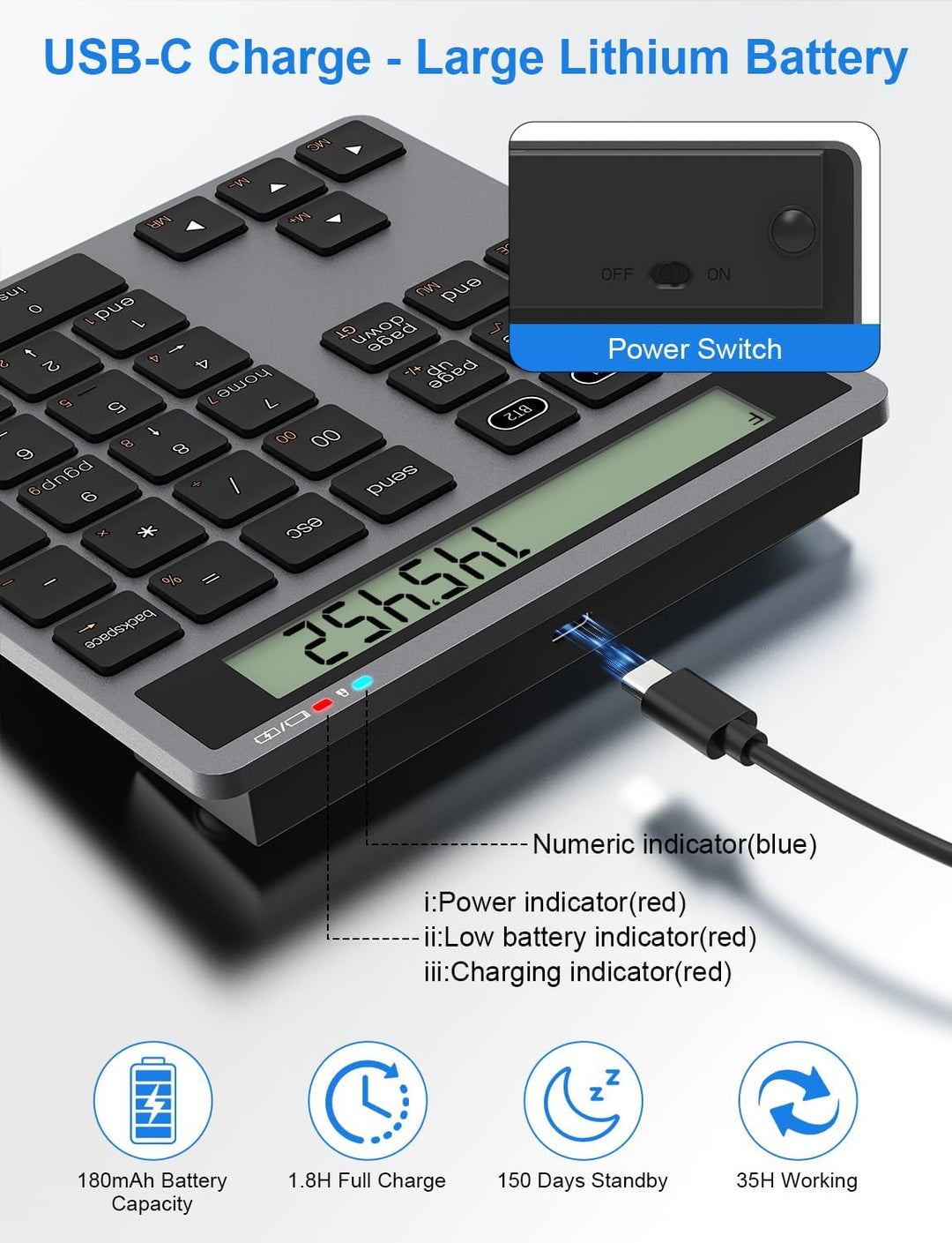 Bluetooth Nummernblock Taschenrechner Wiederaufladbar - 2-in-1 Kabelloser & Kabelgebundener Ziffernb