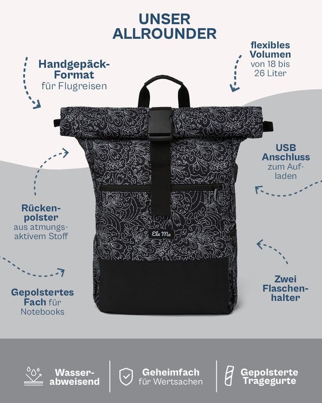 Ela Mo® Rolltop Rucksack Damen - Rollrucksack Anti Diebstahl für Sport & Reisen - Laptoprucksack für