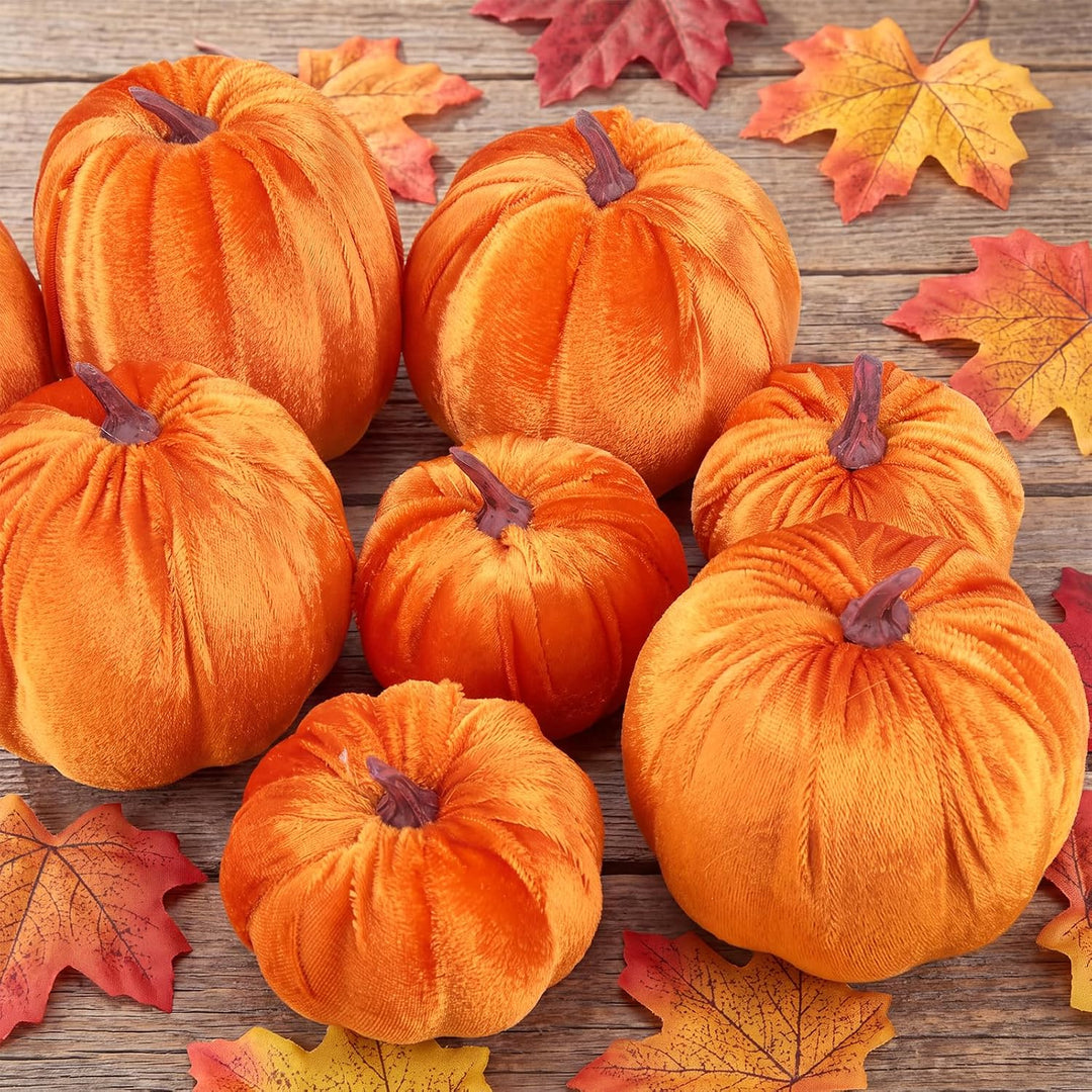 Gresorth 8 Stück Sortiert Gefälscht Handgefertigt Orange Samt Kürbisse Künstlich Herbsternte Hallowe