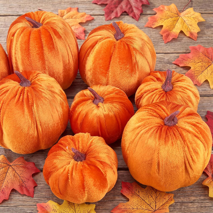 Gresorth 8 Stück Sortiert Gefälscht Handgefertigt Orange Samt Kürbisse Künstlich Herbsternte Hallowe
