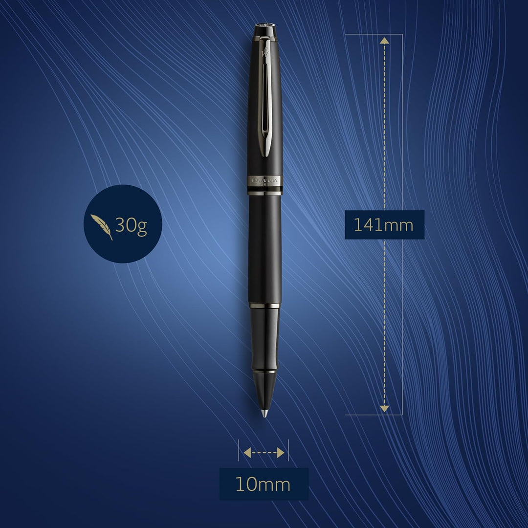 Waterman Expert Rollerball | Schwarze Metallic-Lackierung mit Ruthenium-Zierteilen | Feine Spitze |