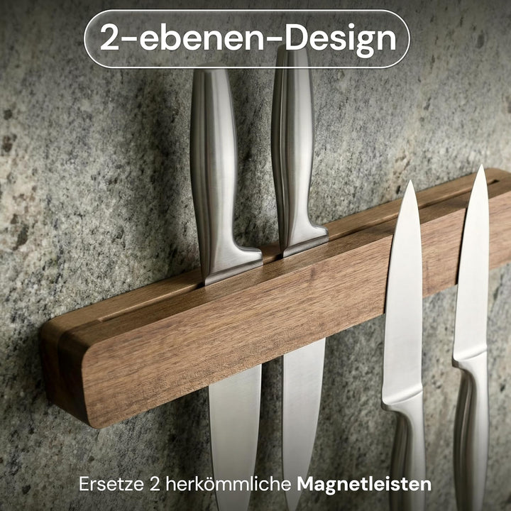 Magnetleiste Messer (41×7 cm) aus edlem aus Akazienholz – Messerhalter magnetisch für schwere Messer