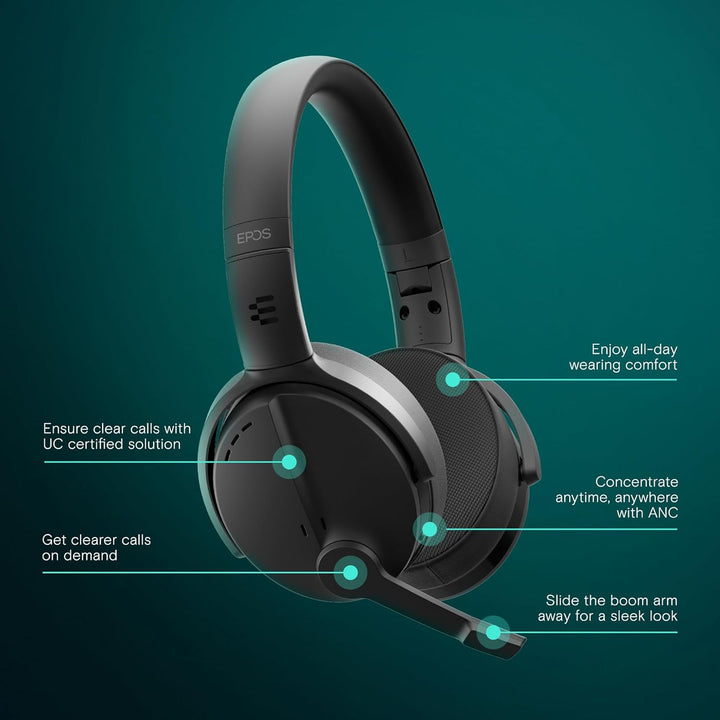 EPOS ADAPT 560 II - Bluetooth Wireless Headset mit ANC, Faltbarem Boom Arm, Langer Akkulaufzeit, UC-