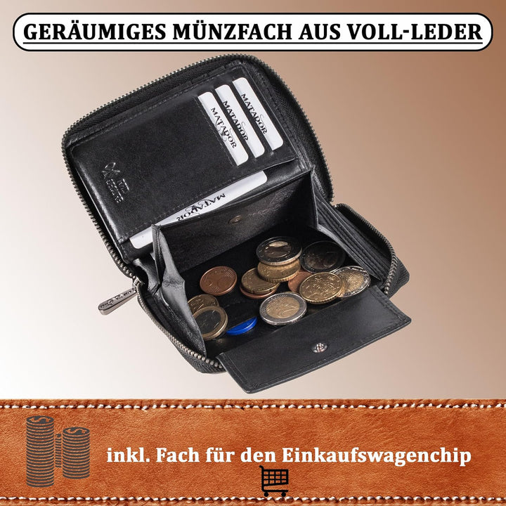 MATADOR® Leder Geldbörse Herren mit Reissverschluss Black Geldtasche TüV geprüfter RFID & NFC Schutz