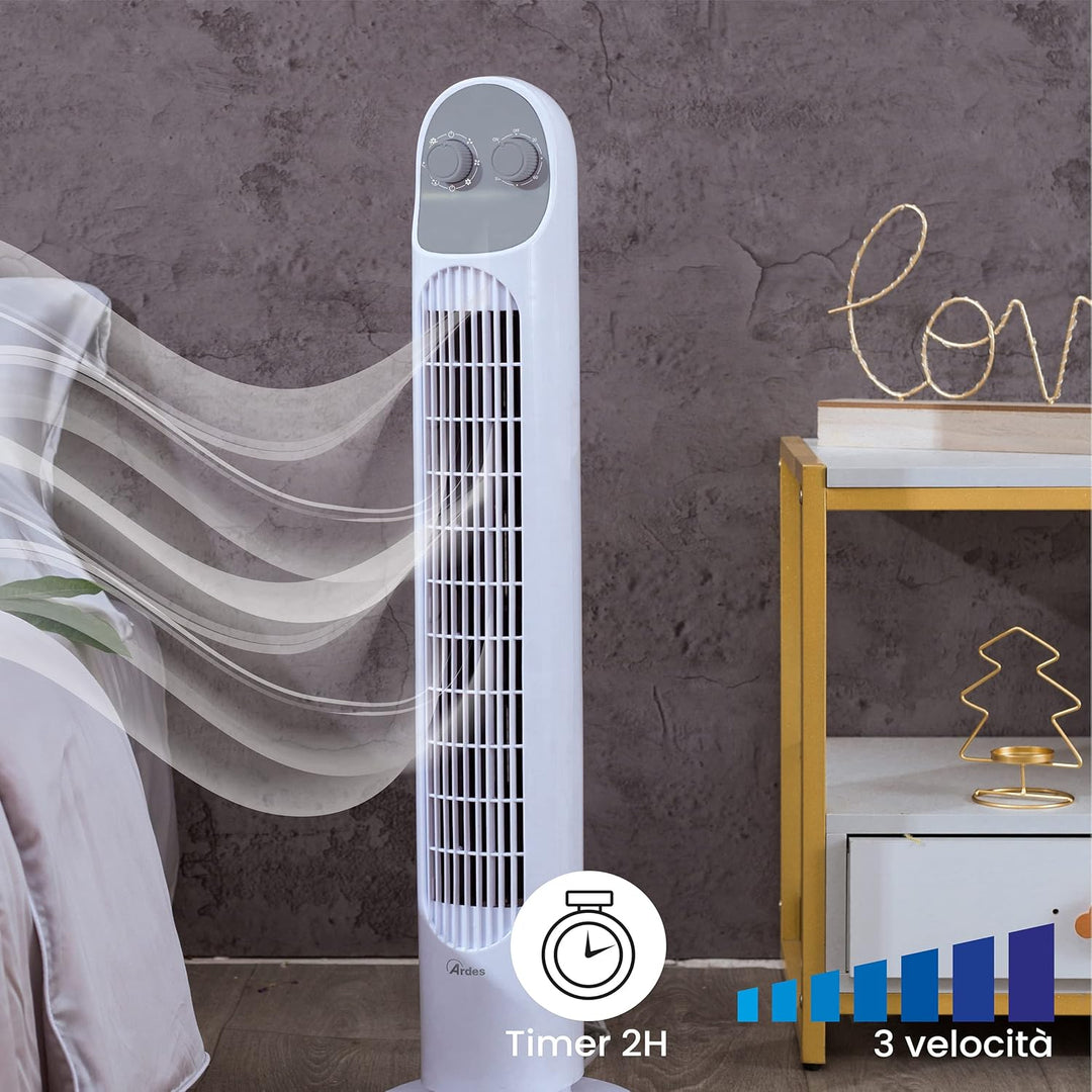 ARDES - Einstellbarer Vertikalventilator mit 3 Geschwindigkeitsstufen, Turm-Oszillation und integrie