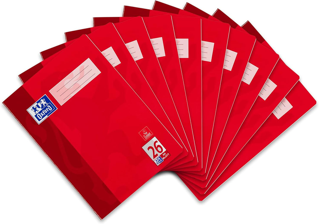 Oxford 384403226 Schule Schulheft A4 kariert, mit Rand, Lineatur 26, 32 Blatt, rot, 10er Pack &amp; DUO