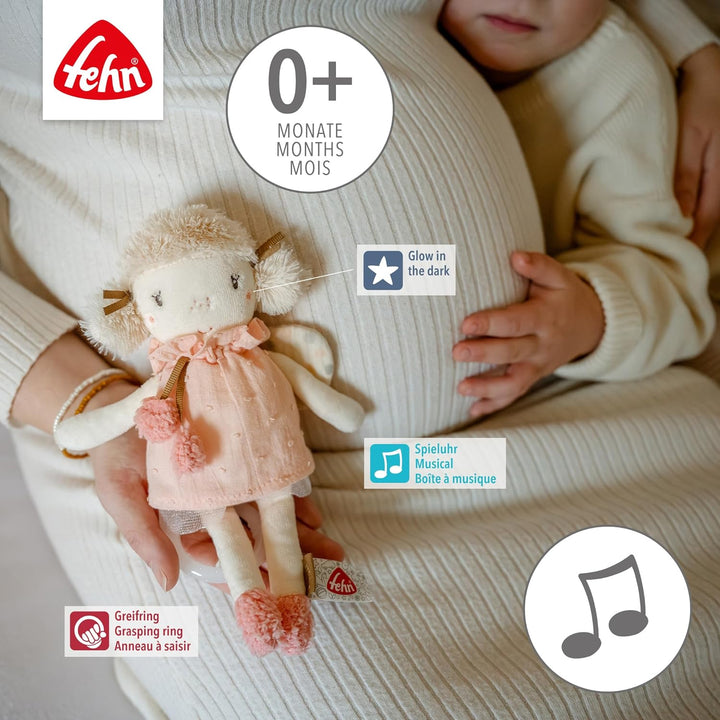 Fehn Mini-Spieluhr Fee – Kuscheltier & Einschlafhilfe: Aufzieh-Spieluhr mit sanfter Melodie „Schwane