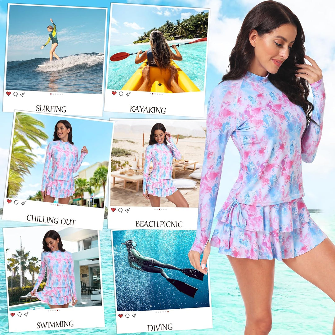 UNIQUEBELLA Rash Guard Damen, UV-Schutz UPF 50+ Langarm Surf Shirt mit Schönen Mustern Bademode Bade