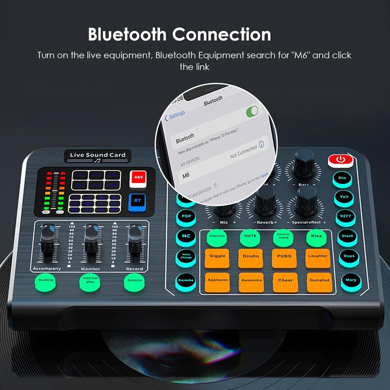 Live-Soundkarte, Bluetooth-Audio-Mixer-Board mit 15 Soundeffekten, Externe Mobile Soundkarte für Liv