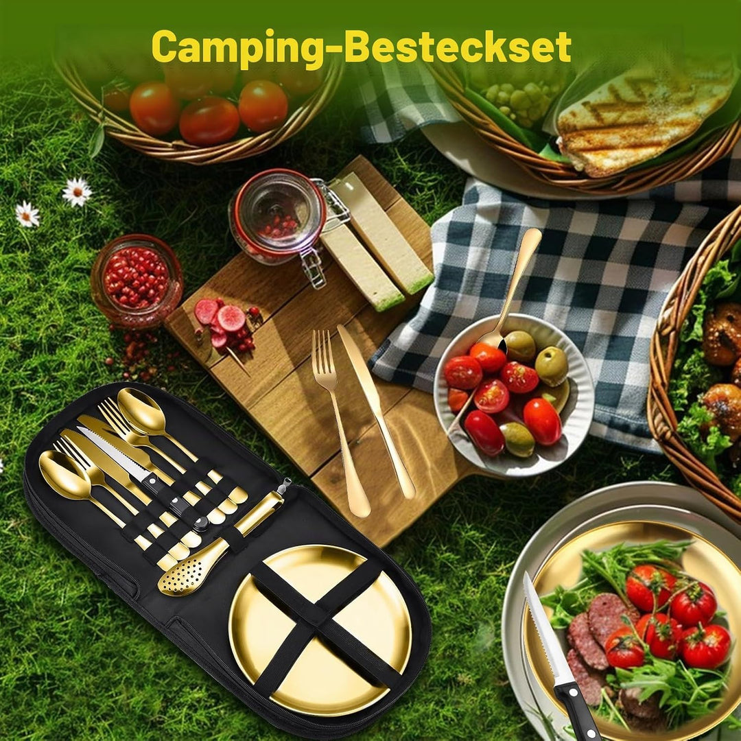 Tragbares Camping-Geschirr-Set, 13-teilig, 2 Personen, Edelstahl, für Outdoor, Camping, Picknick Gol