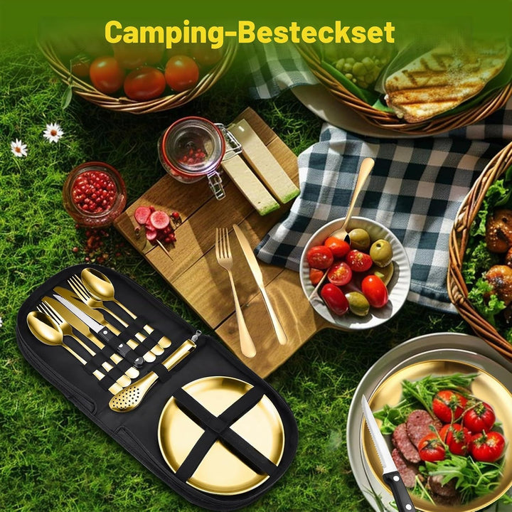 Tragbares Camping-Geschirr-Set, 13-teilig, 2 Personen, Edelstahl, für Outdoor, Camping, Picknick Gol