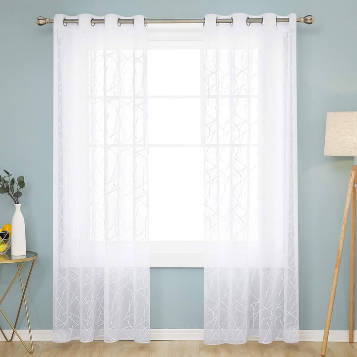 Deconovo Voile Vorhang Leinenoptik Ösenvorhang Transparent Dekoschal mit Stickerei Linie, 245x140 cm