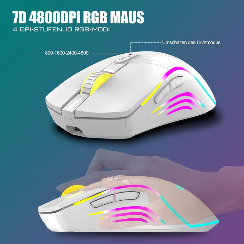 RedThunder K20 Rechargeable Kabelloses Tastatur und Maus Set, QWERTZ DE Layout, RGB Hintergrundbeleu