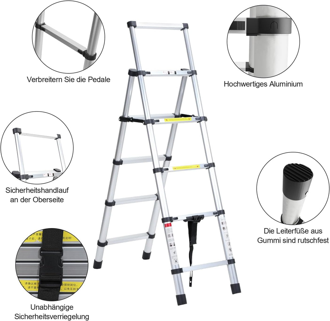 Fiqops 1,4m+1,7m Teleskopleiter aus Aluminium, 4+5 Stufen Klappleiter A-Rahmen Mehrzweckleiter Stehl