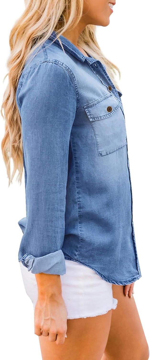 Damen Jeanshemd - Damen Western Hemden Tunika Langarm Button Down Oberteile L Lapis Air, L Lapis Air
