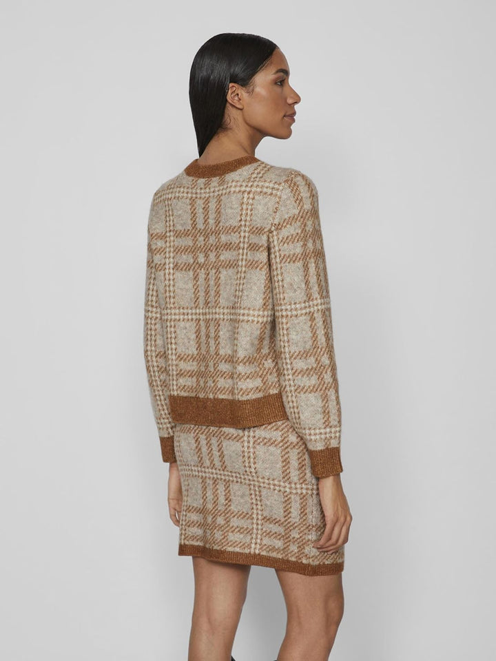 Vila Damen Vicilia L/S Check Knit Top/Su Strickpullover M Caramel Café/Checks:natural Melange/Birch,