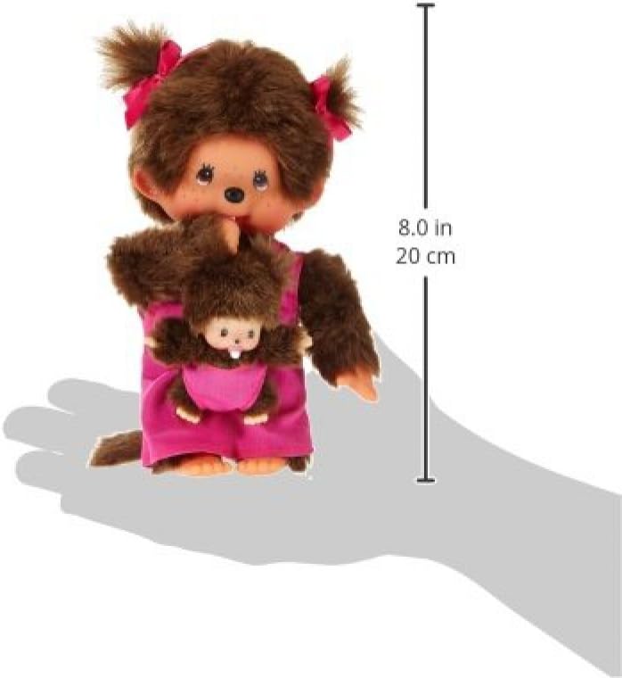 Sekiguchi 236200 - Original Monchhichi Mutter mit Baby, Plüschfigur mit pinkem Kleid und Schleife im