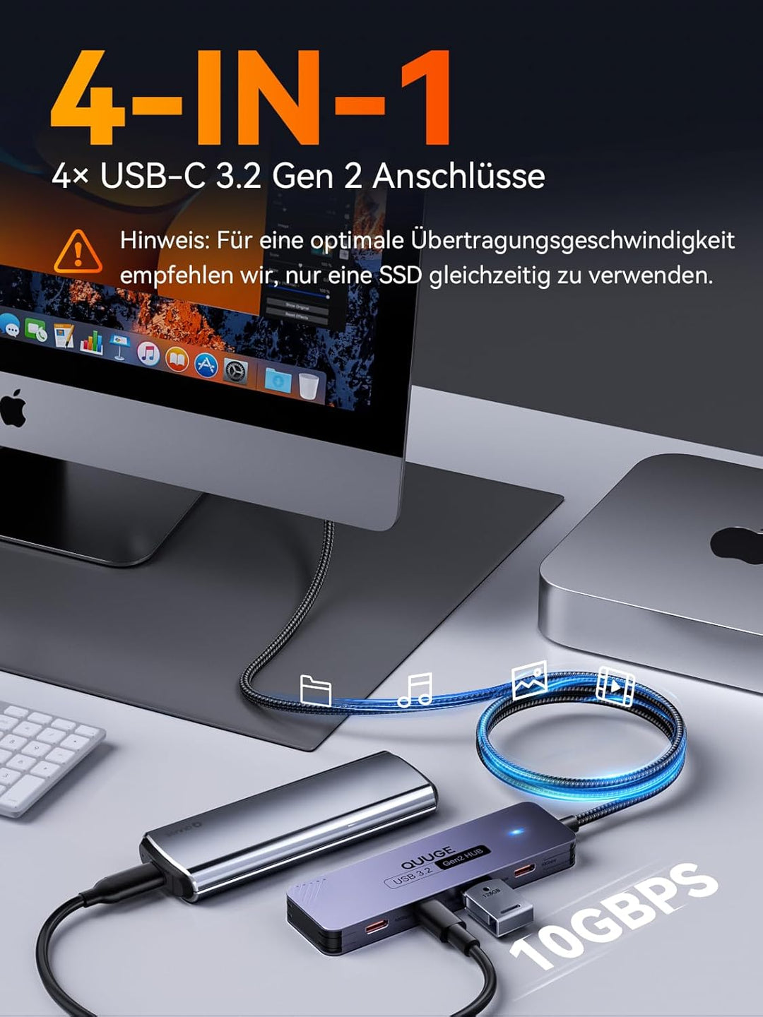 USB C 3.2 Hub 10Gbps, QUUGE 4-in-1 Adapter mit 4 USB C 3.2 Ports, Aluminium Multiport Splitter mit 1