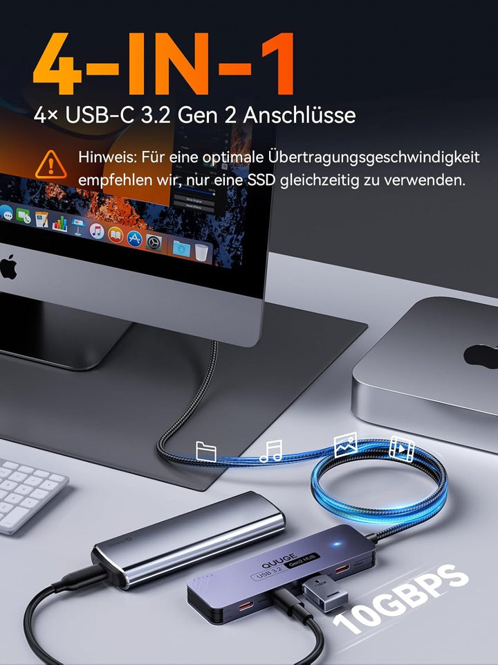 USB C 3.2 Hub 10Gbps, QUUGE 4-in-1 Adapter mit 4 USB C 3.2 Ports, Aluminium Multiport Splitter mit 1