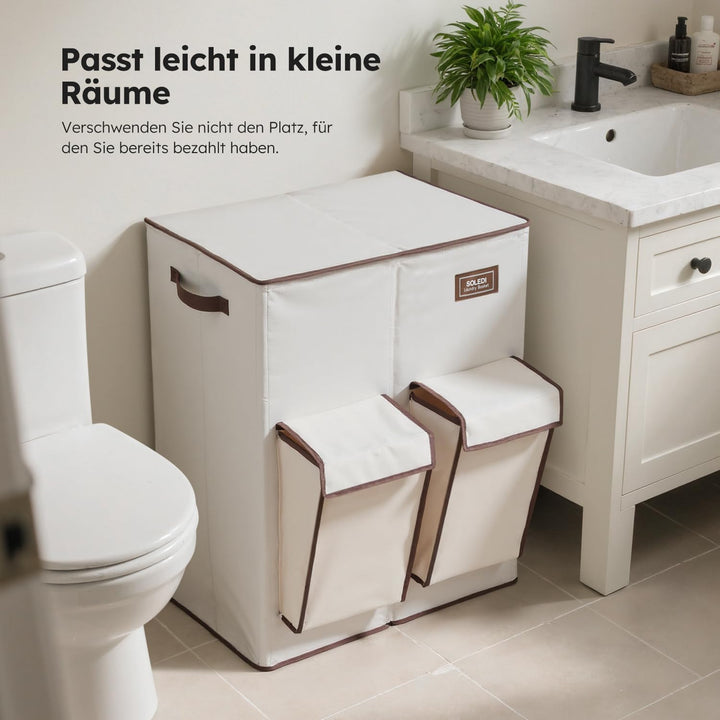 SOLEDI 180L Wäschekorb mit Deckel, Wäschesammler 2 Fächer mit 2 Seitentaschen, Laundr Baskets mit 2