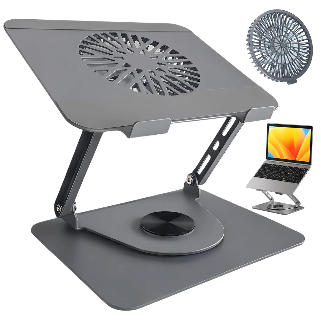 Laptop Ständer aus Aluminium, 360° Drehbar, Faltbar, mit Magnetischem Lüfter für Kühlung, Kompatibel