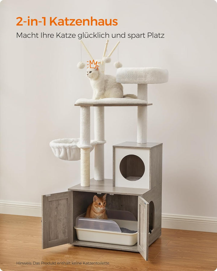 Feandrea Kratzbaum mit Katzenklo-Schrank, 150 cm hoch, 2-in-1 Katzenbaum, Schrank für Katzentoilette