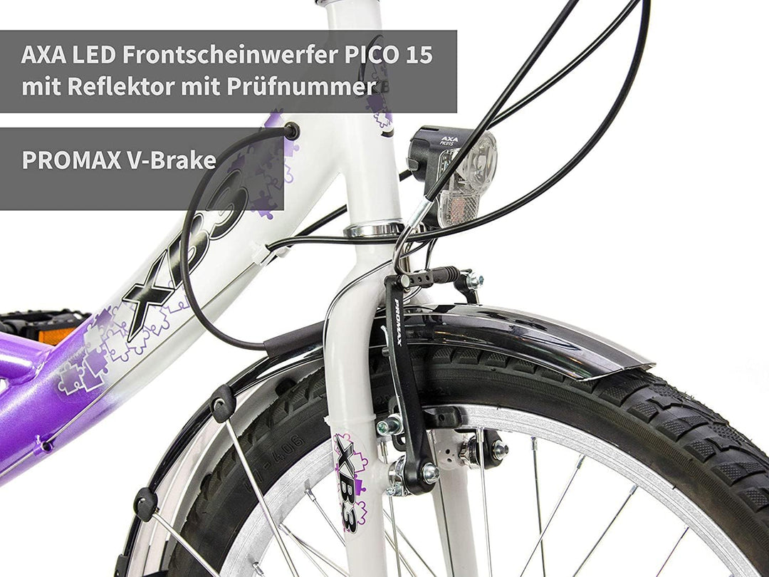 XB3 Kinderfahrrad 20 Zoll Mädchen mit Gangschaltung 6 Gänge StVZO Nabendynamo LED-Licht Standlicht V