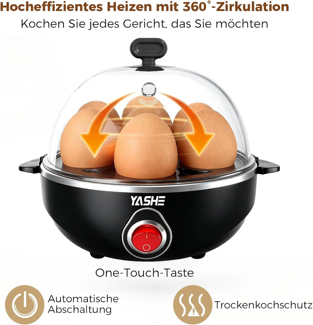 YASHE Eierkocher, elektrischer Eierkocher für 7 Eier für hart, mittel und weich gekochte Eier, mit M