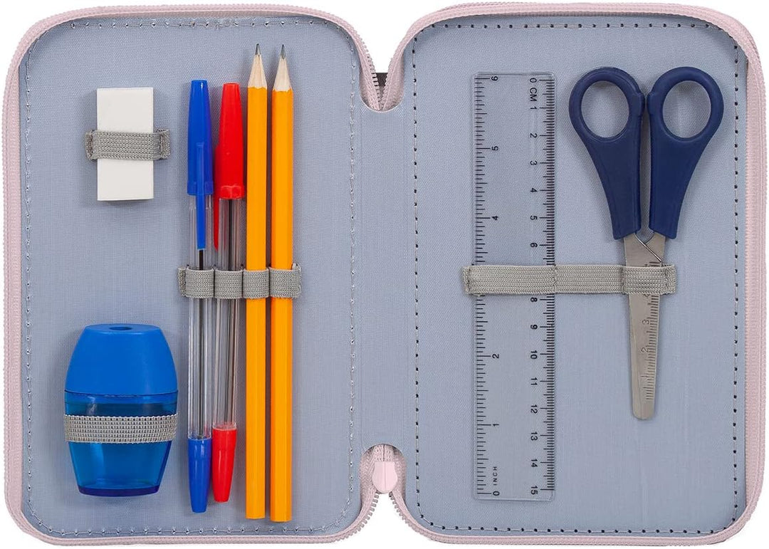 L'ERBAVOGLIO Federmäppchen für Schule, 3 Reissverschluss, komplett mit 44 Stück, Minnie (Rosa/Fuchsi