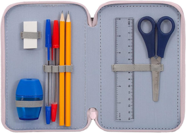 L'ERBAVOGLIO Federmäppchen für Schule, 3 Reissverschluss, komplett mit 44 Stück, Minnie (Rosa/Fuchsi