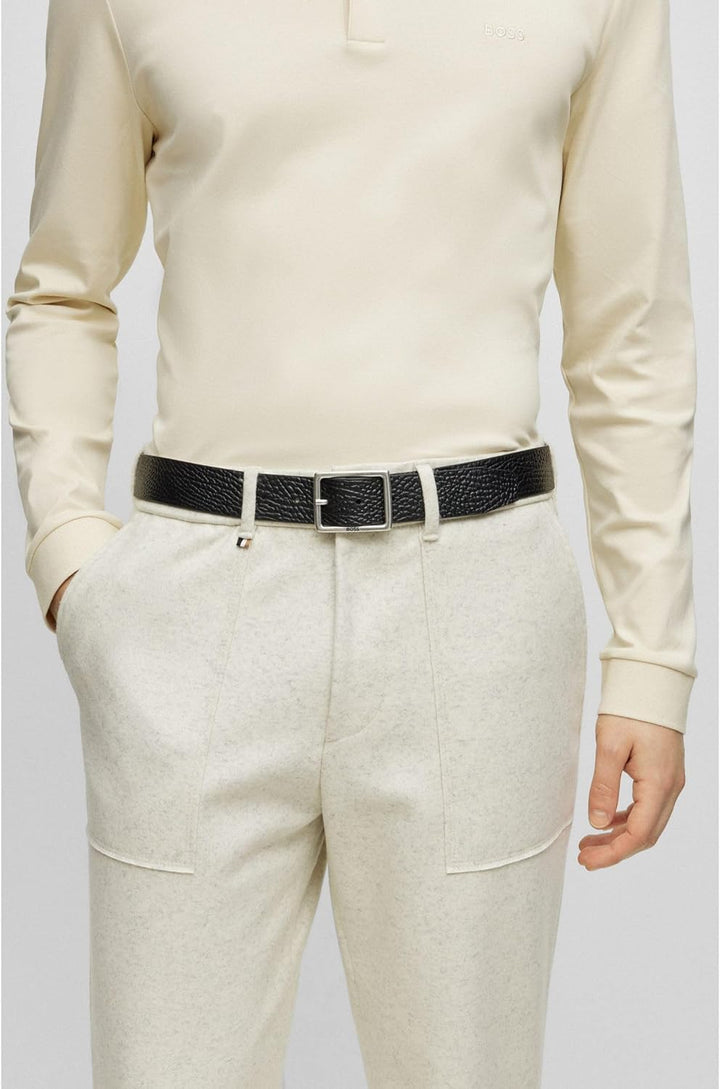 BOSS Herren Rudolf-Gr Sz35 Gürtel aus genarbtem Leder mit Rahmen-Schliesse, 105 Black1